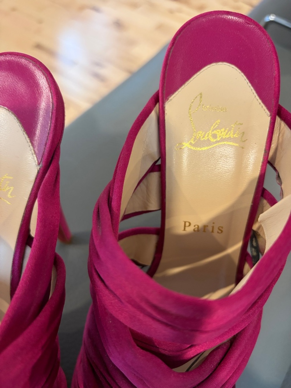Christian Louboutin Magenta Satin Strappy Platform Heels - Picture 4 of 10